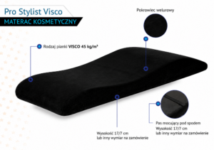 Materac kosmetyczny Pro Stylist Visco Czarny w pokrowcu welurowym – pianka Visco 45, pas mocujący, wysokość 17/7 cm.